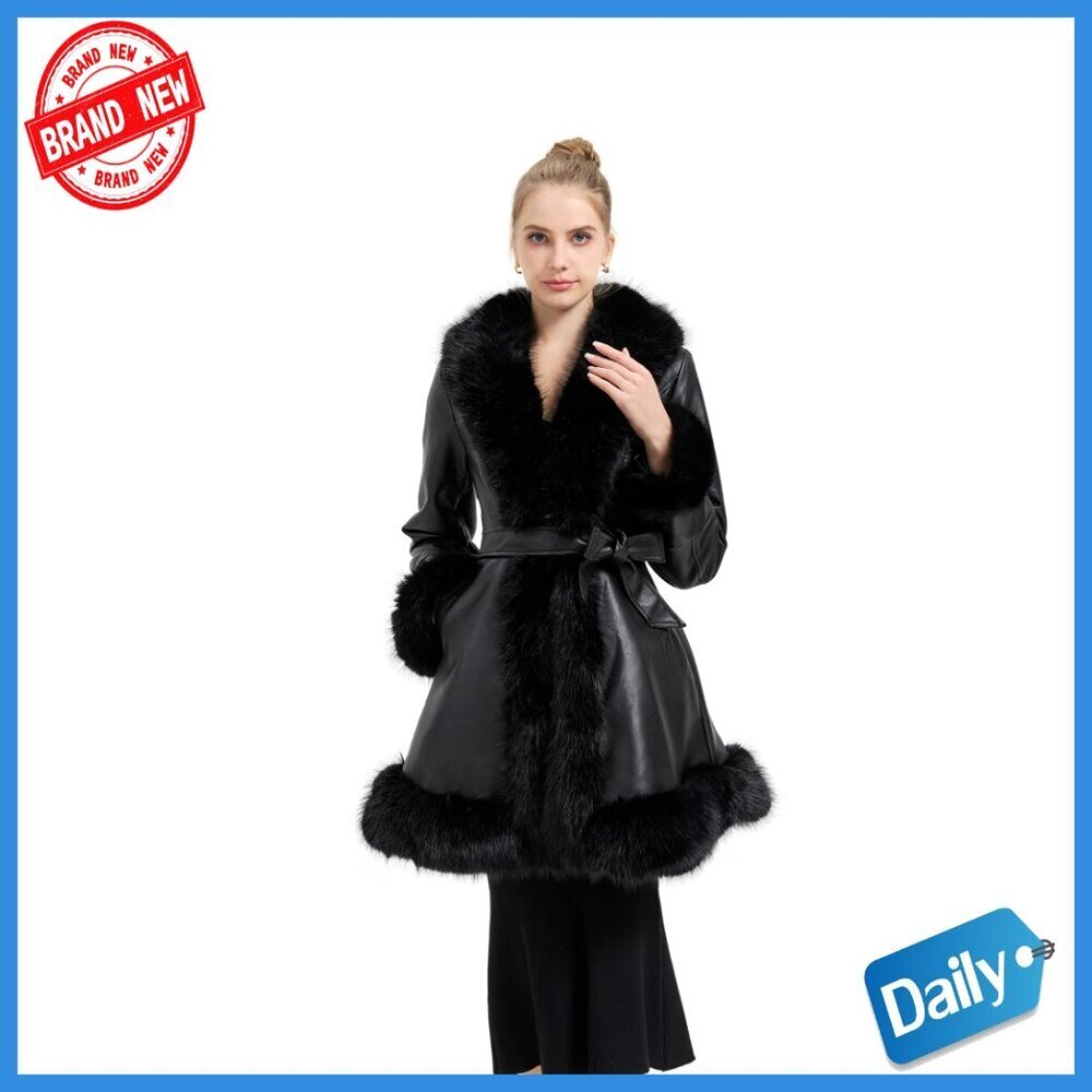 Faux Leather Peplum Parka with Faux Fur Collar, Slim Fit Winter Coat